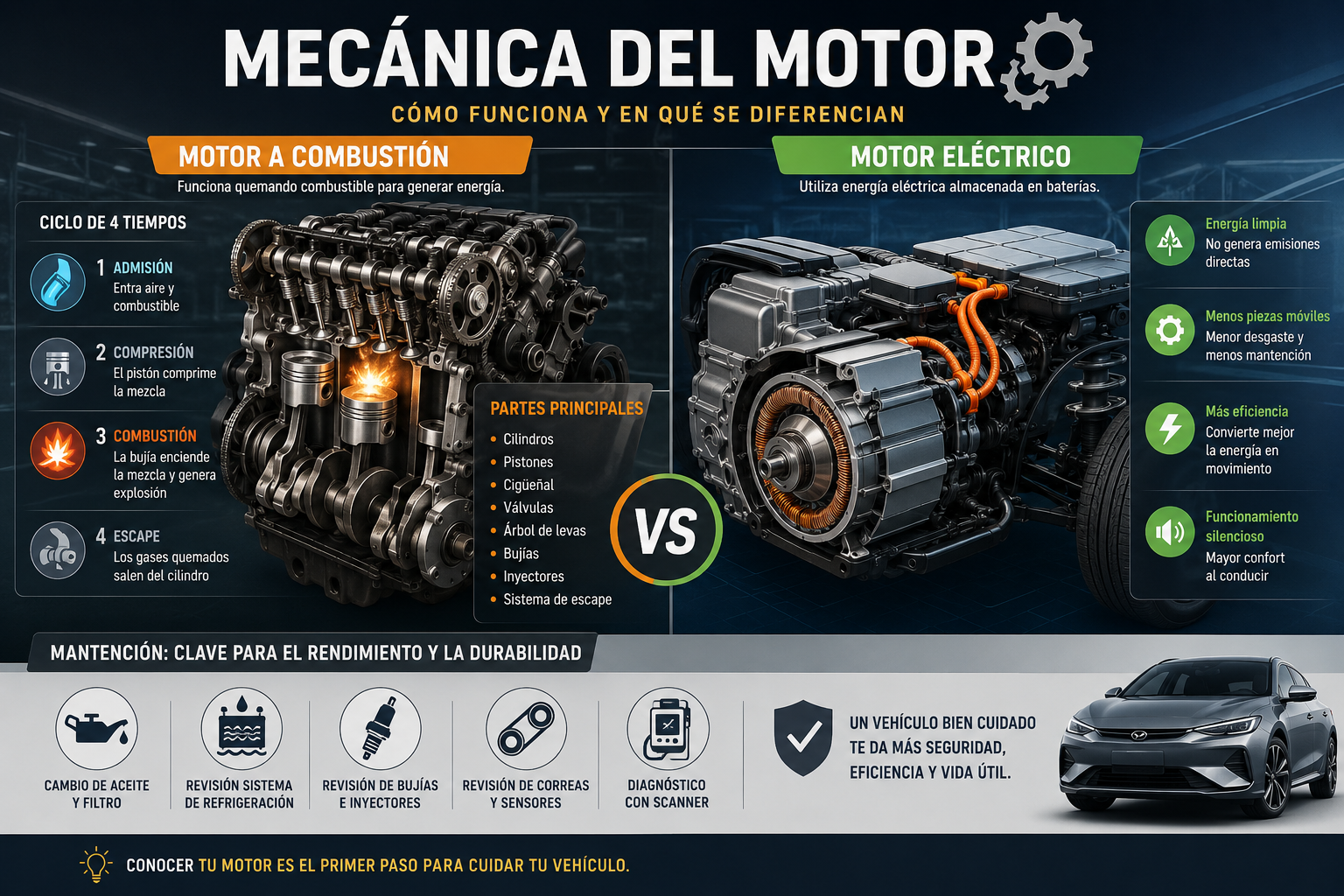 🔧 Mecánica del motor: una clase breve para entender cómo funciona tu vehículo 🚗⚡