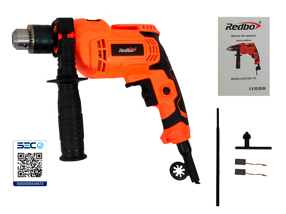 Taladro Eléctrico Redbo ED 550-13I (550W, Mandril 13mm) + Mango Auxiliar 2