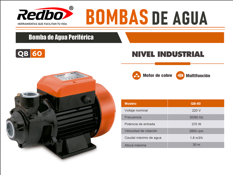 Bomba de Agua Periférica Redbo QB-60 (0.5 HP, 370W, Altura 30m) 6