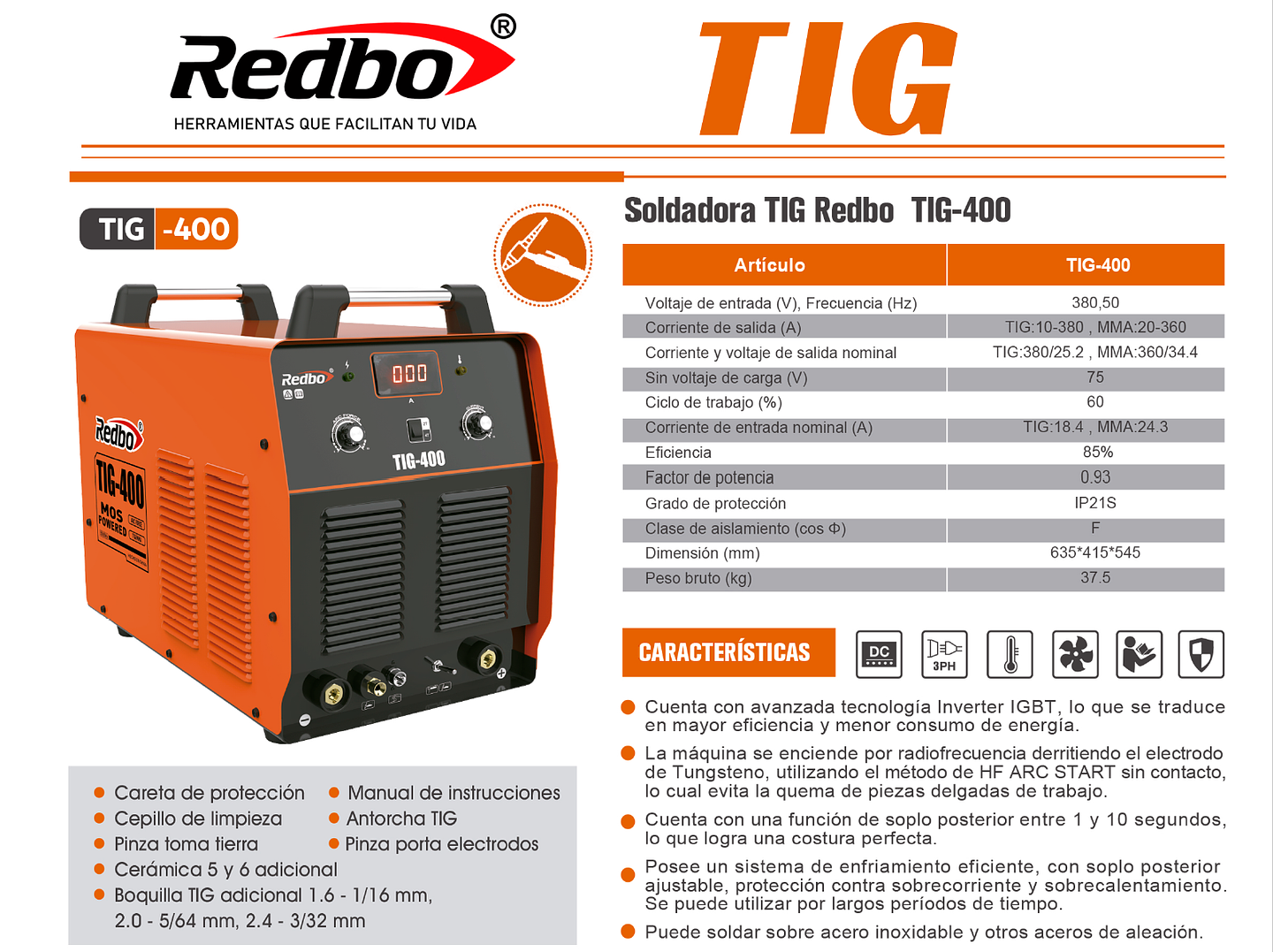 Soldadora Inverter Industrial Trifásica Redbo TIG-400 (380A, 380V, TIG Alta Frecuencia HF / MMA) 6