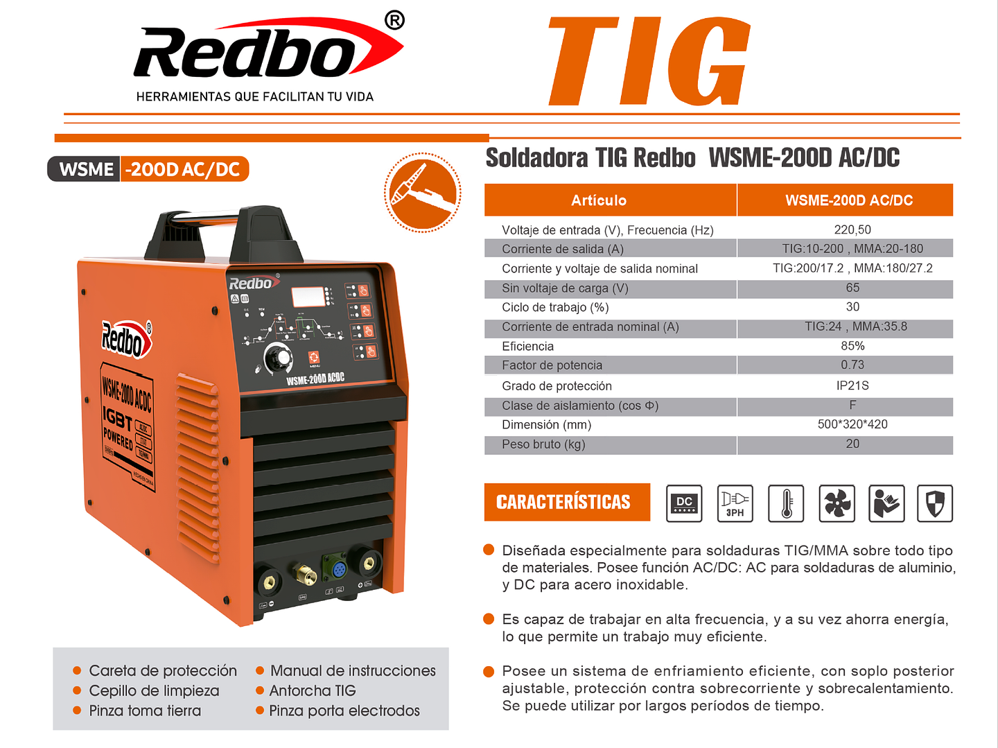 Soldadora Inverter Profesional Redbo WSME-200D AC/DC (200A, 220V, TIG Aluminio HF / MMA) 6