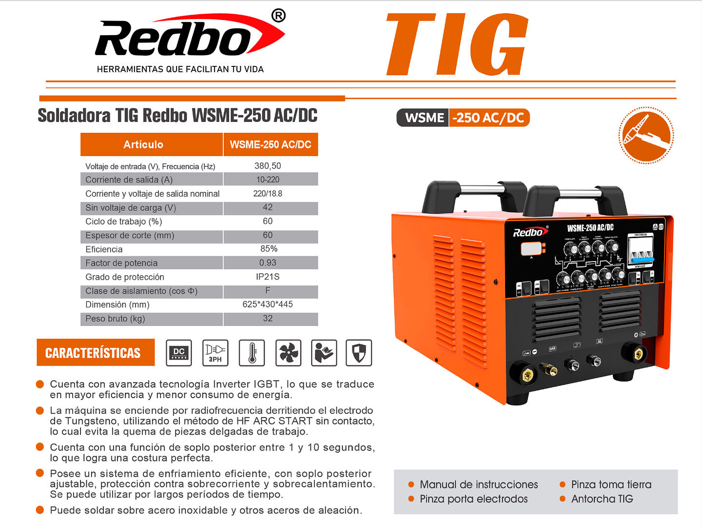 Soldadora Inverter Industrial Redbo WSME-250 AC/DC (220A, 380V, TIG Aluminio HF / MMA) 5