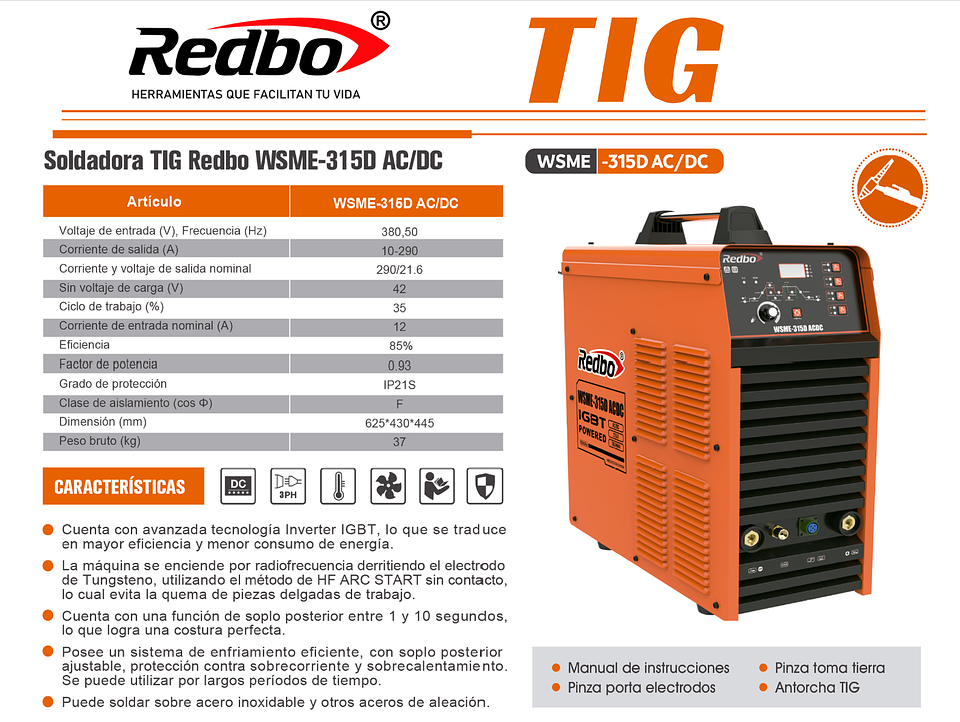 Soldadora Inverter Industrial Trifásica Redbo WSME-315D AC/DC (290A, 380V, Panel Digital, TIG Aluminio HF / MMA) 5