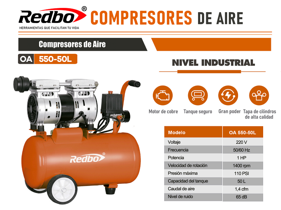 Compresor de Aire Silencioso REDBO OA 550-50L 2