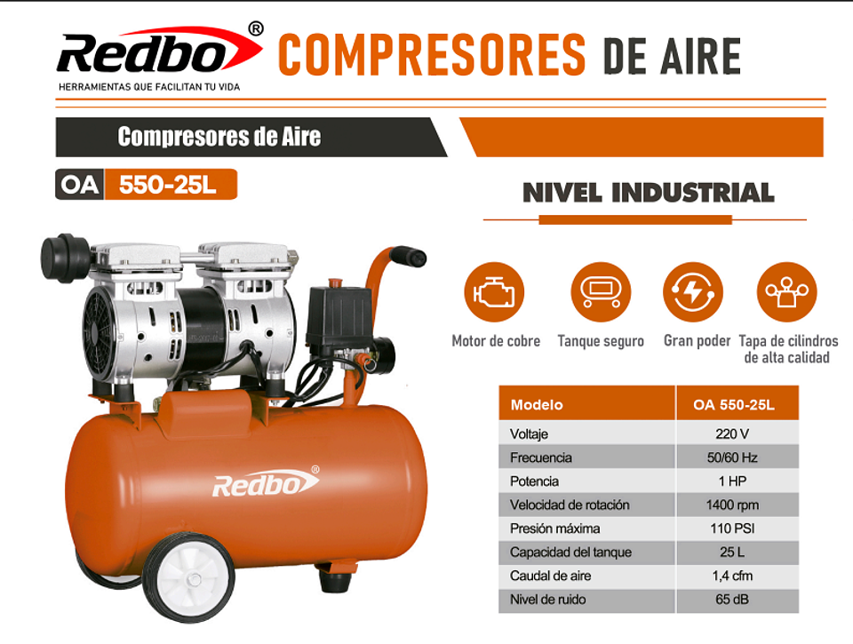 Compresor de Aire Silencioso Redbo OA 550-25L (1 HP, 25 Litros, 110 PSI) 5