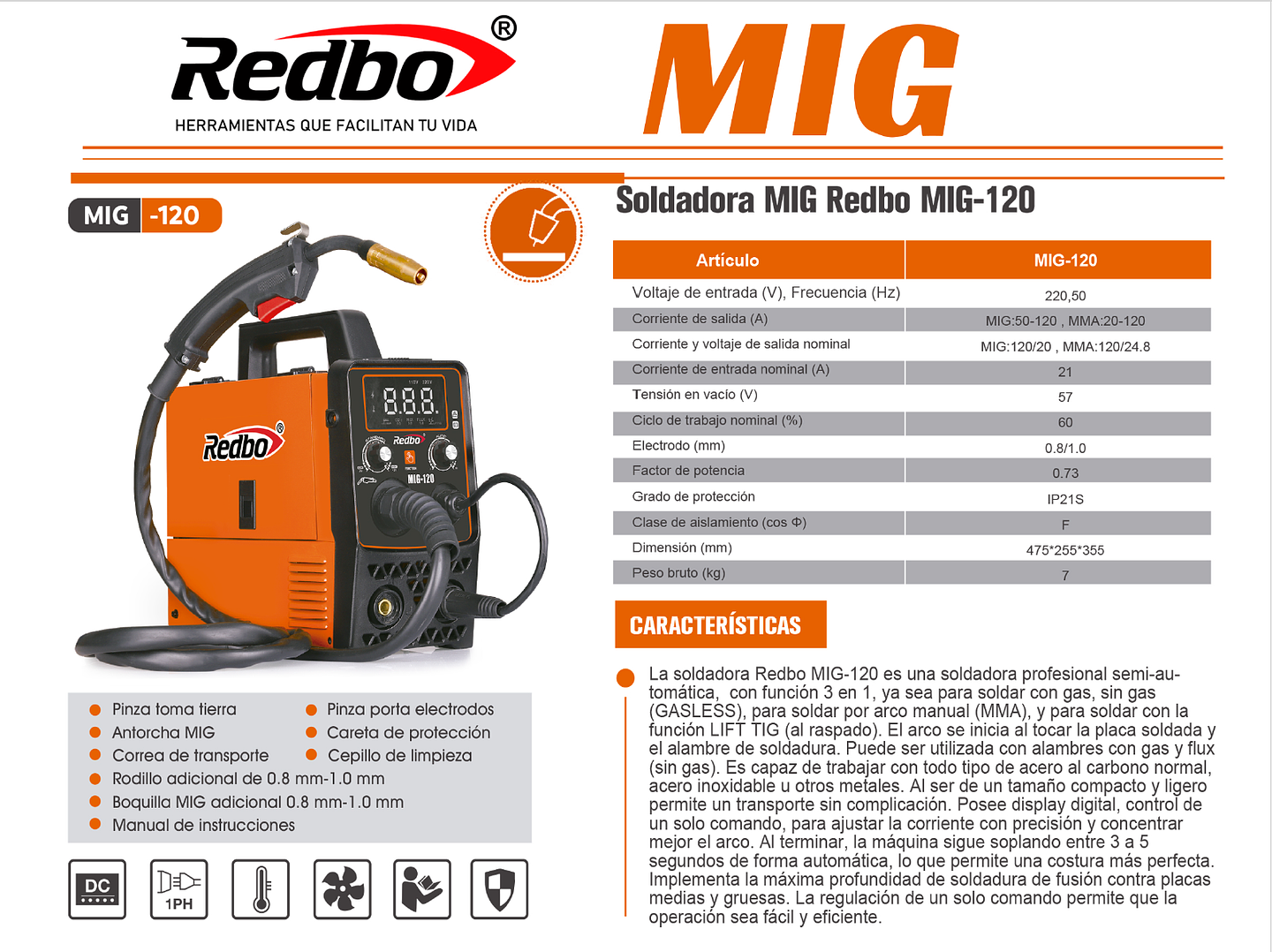 Soldadora Inversora Redbo MIG-120 3 en 1 (MIG/MMA/TIG) 120A + Alambre Flux 0.5 Kg 6