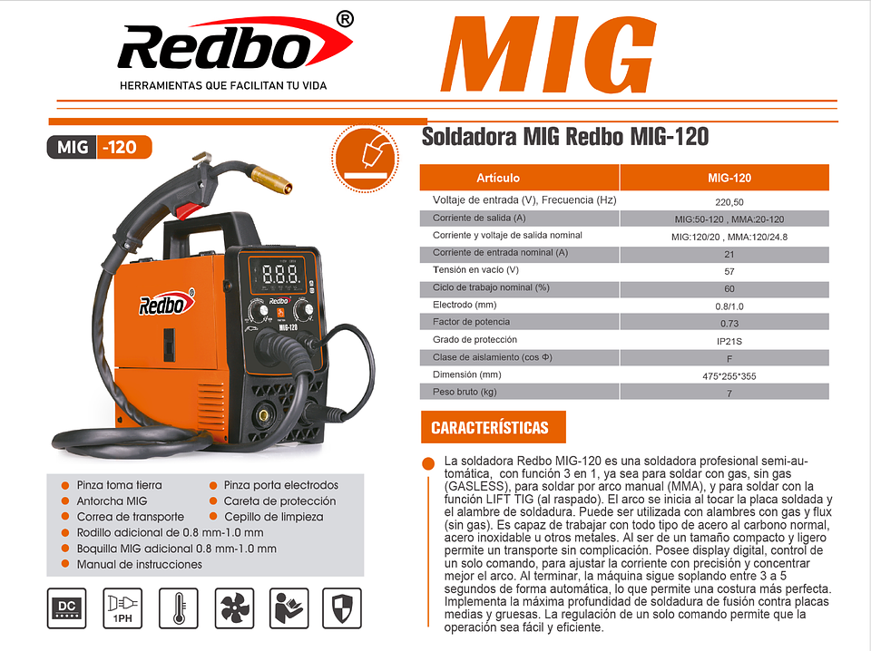 Soldadora Inversora Redbo MIG-120 3 en 1 (MIG/MMA/TIG) 120A + Alambre Flux 0.5 Kg 6