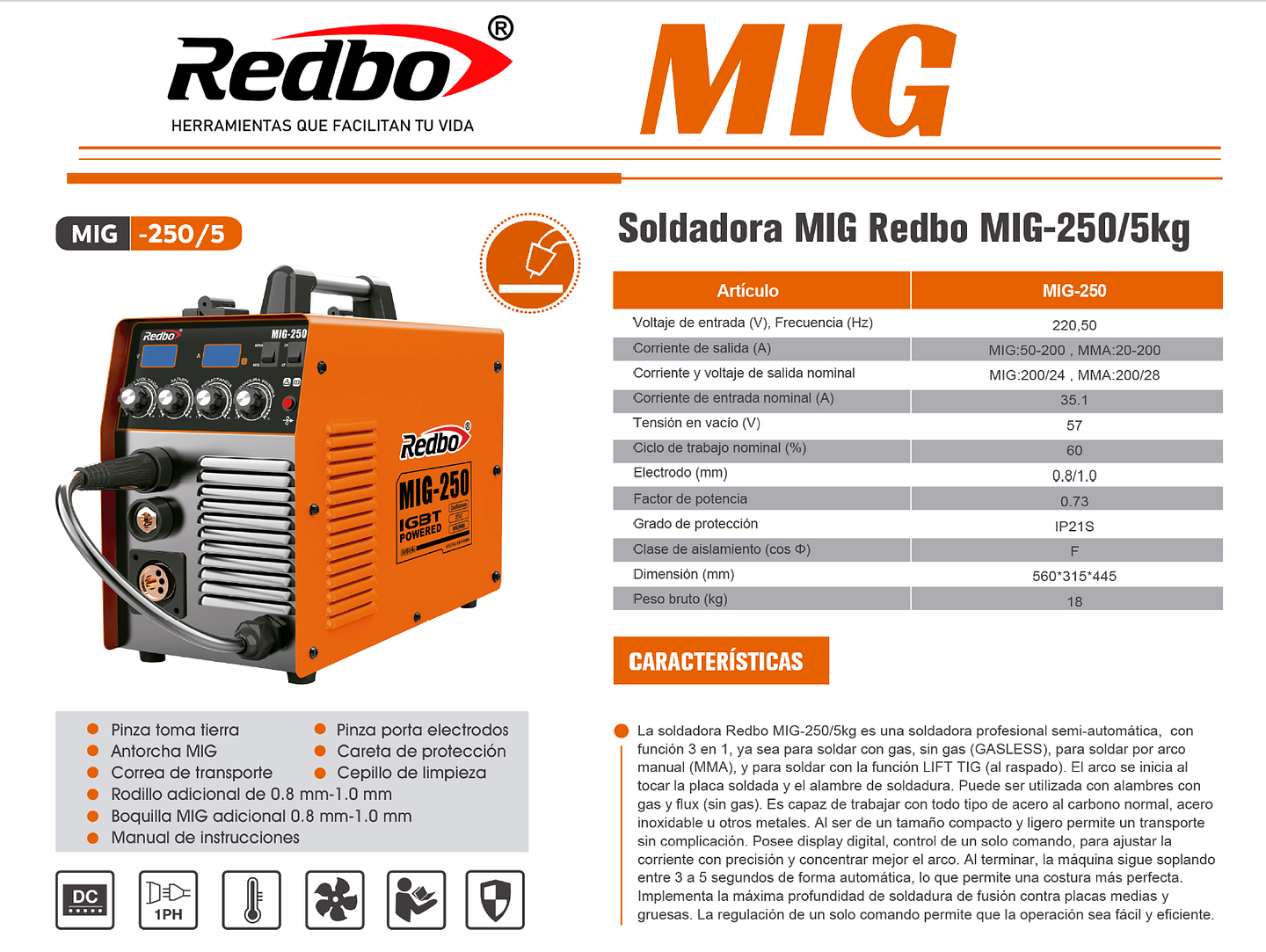 Soldadora Inverter 3 en 1 Redbo MIG-250/5kg (MIG/MMA/TIG, 200A, Tecnología IGBT) 5