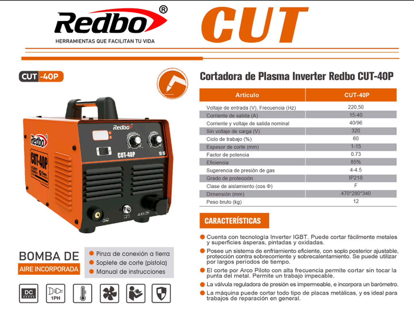Cortadora de Plasma Inverter Redbo CUT-40P (40A, Arco Piloto, Bomba de Aire Incorporada) 5