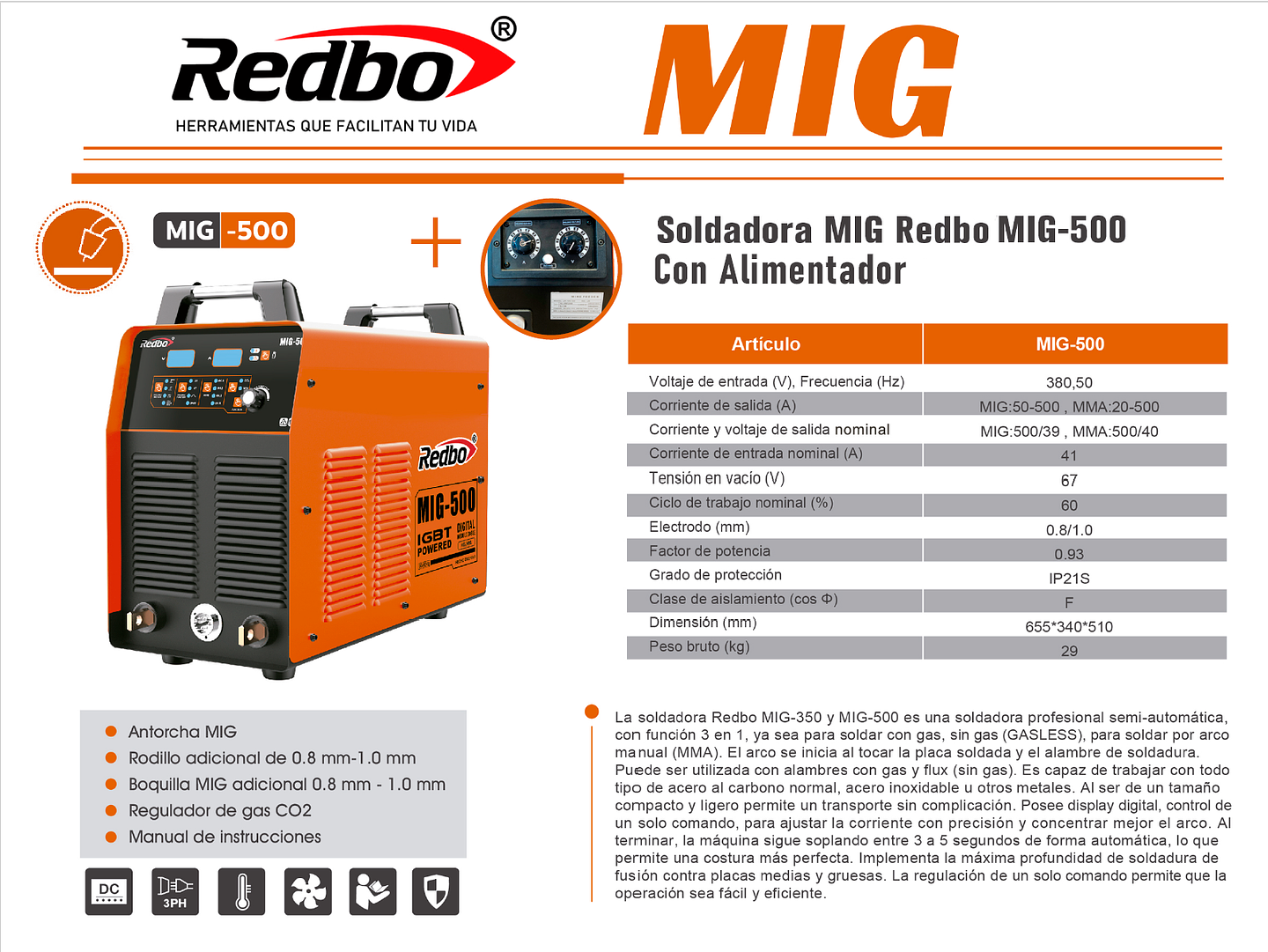 Soldadora Inverter Industrial Trifásica Redbo MIG-500 (500A, 380V, 3 en 1, Alimentador Externo) 3