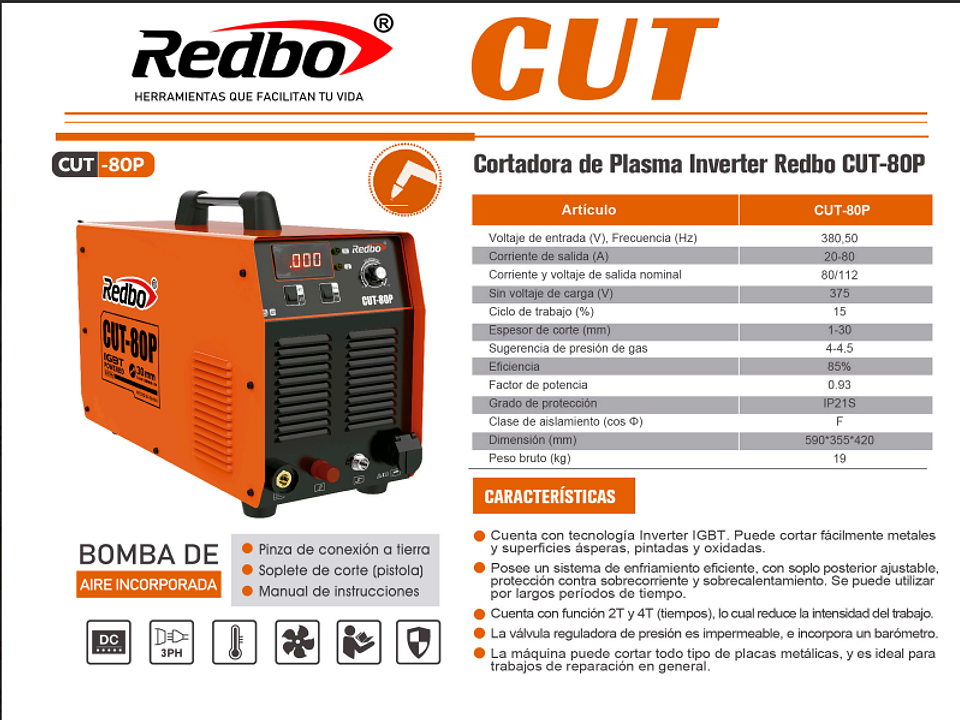 Cortadora de Plasma Industrial Redbo CUT-80P (80A, 380V, Bomba de Aire Incorporada) 4