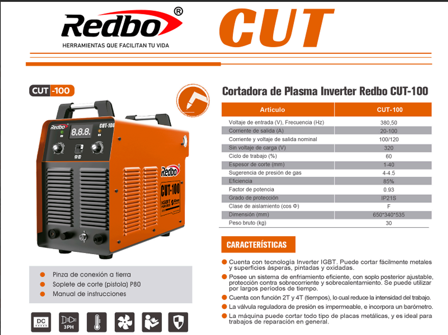 Cortadora de Plasma Industrial Trifásica Redbo CUT-100 (100A, 380V, Gatillo 2T/4T) 5