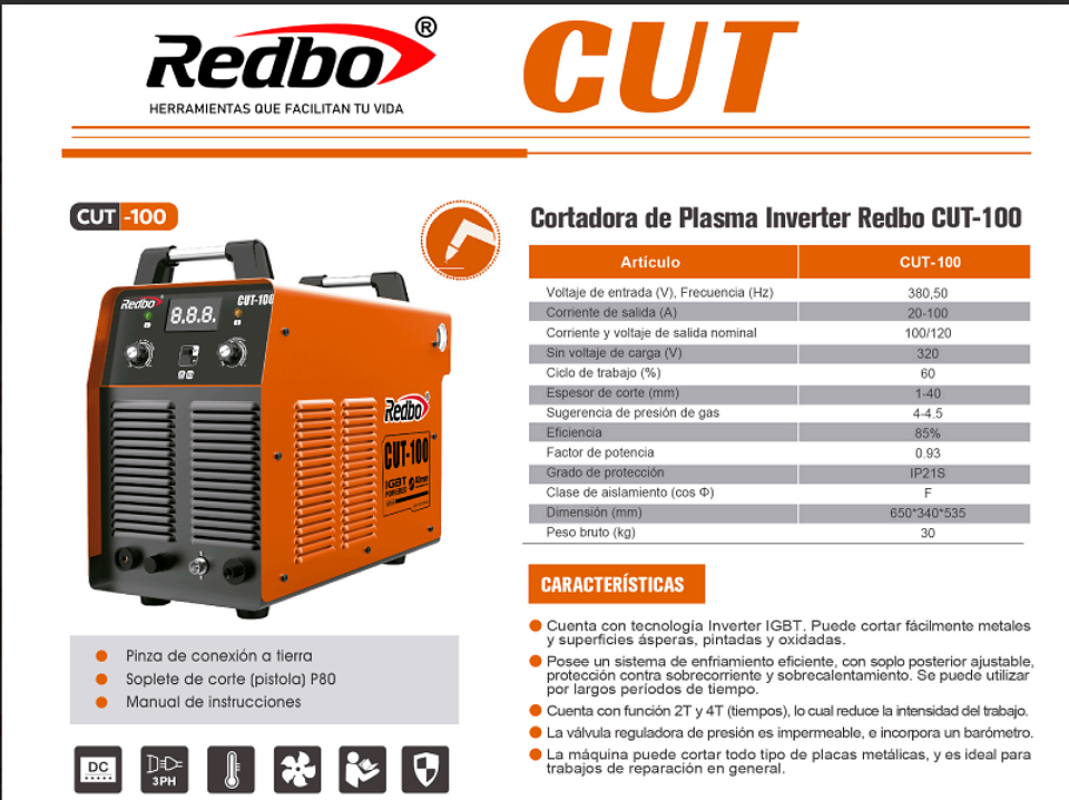 Cortadora de Plasma Industrial Trifásica Redbo CUT-100 (100A, 380V, Gatillo 2T/4T) 5