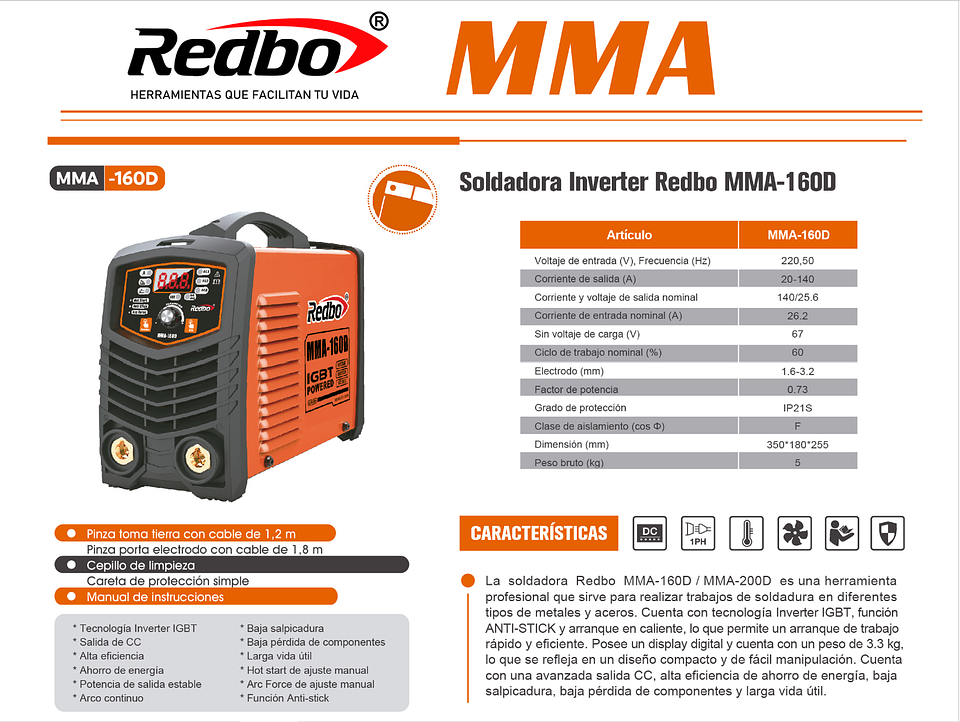 Soldadora Inverter Portátil Redbo MMA-160D (140A, Display Digital, IGBT, Anti-Stick y Arc Force) 6
