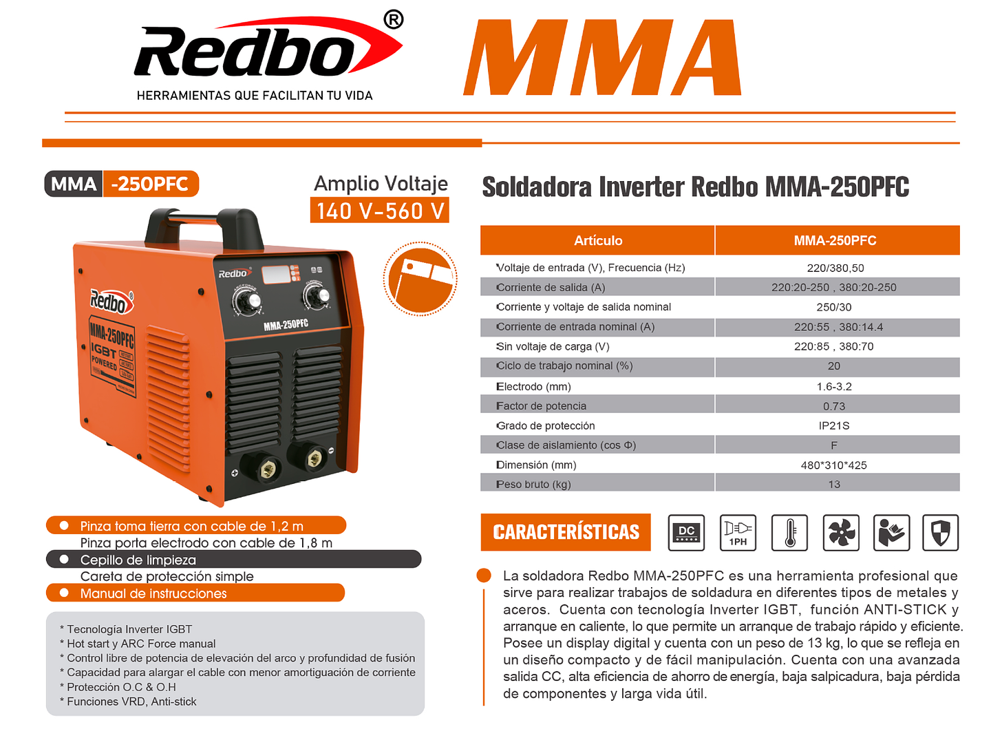 Soldadora Inverter REDBO MMA-250PFC 5