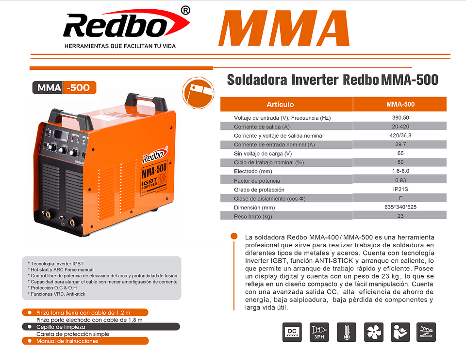 Soldadora Inverter Industrial Trifásica Redbo MMA-500 (420A, 380V, IGBT, Función VRD y Ajuste Manual) 5
