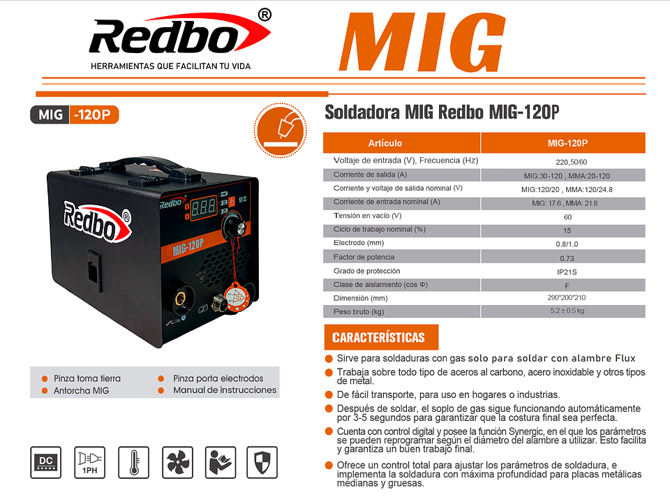 Soldadora Inversora Redbo MIG-120P 2 en 1 (MIG Sin Gas / MMA) 120A 6