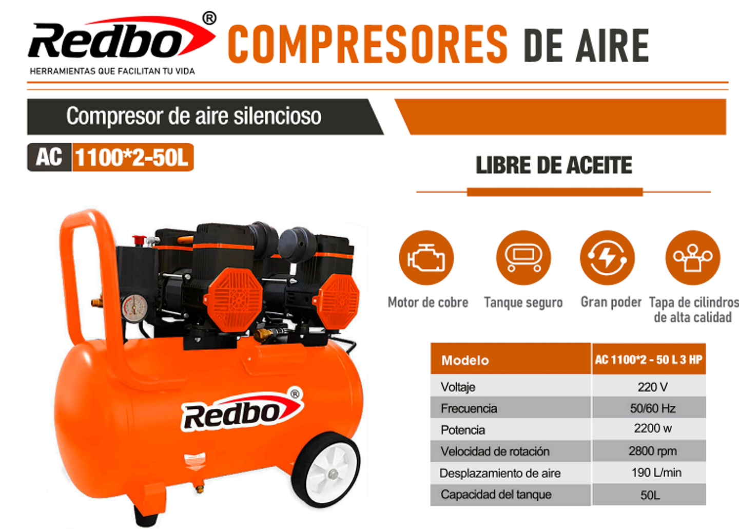 Compresor de Aire Silencioso Redbo AC 1100*2-50L (3 HP, 50 Litros, Libre de Aceite) 4