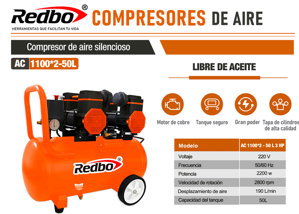 Compresor de Aire Silencioso Redbo AC 1100*2-50L (3 HP, 50 Litros, Libre de Aceite) 4