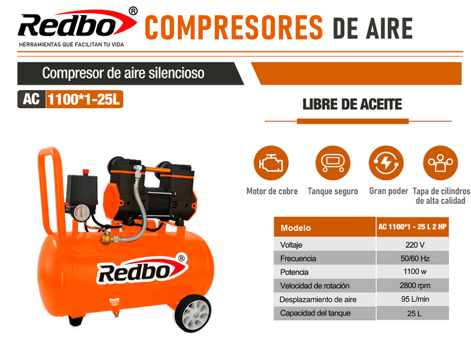 Compresor de Aire Silencioso Redbo AC 1100*1-25L 
