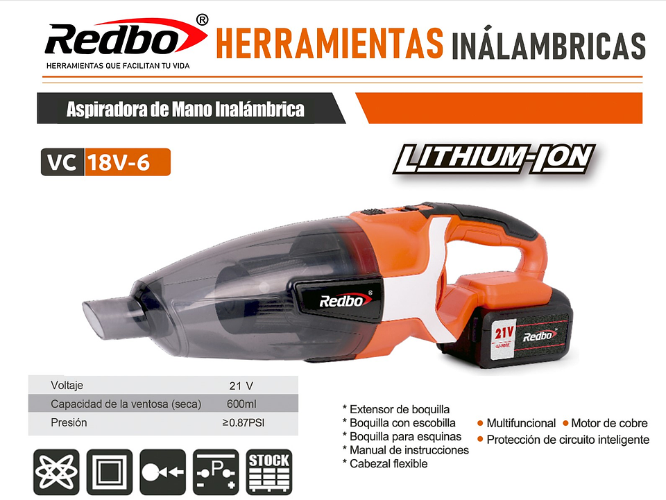 Aspiradora de Mano Inalámbrica Redbo VC 18V-6 21V (Solo Herramienta - Sin Batería) 5