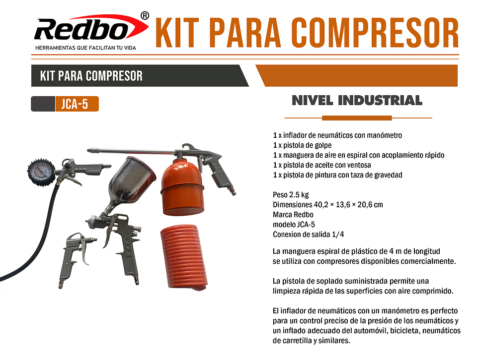 Kit Neumático de Accesorios para Compresor 5 Piezas (Pintar, Inflar, Soplar y Lavar) 2