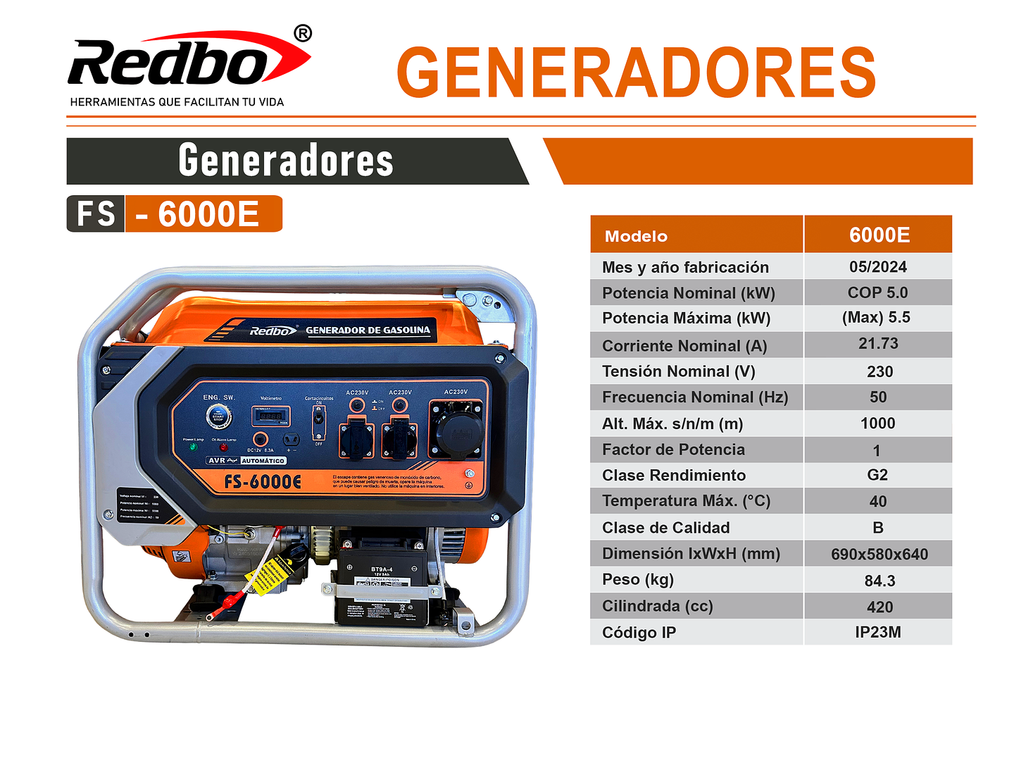 Generador a Gasolina Redbo FS-6000E 