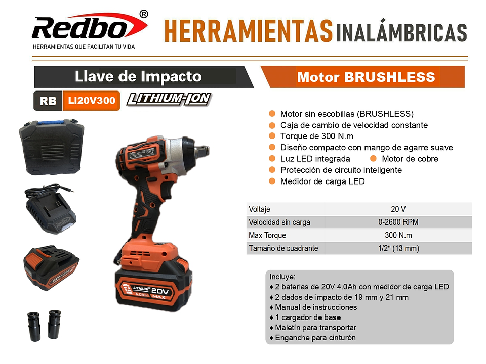 Llave de Impacto Inalámbrica Redbo 20V Brushless (RB-LI20V300) 300 N.m 1/2