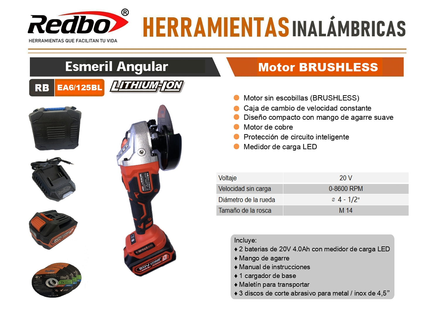 Esmeril Angular Inalámbrico Redbo 20V Brushless (RB-EA6/125BL) 4.5