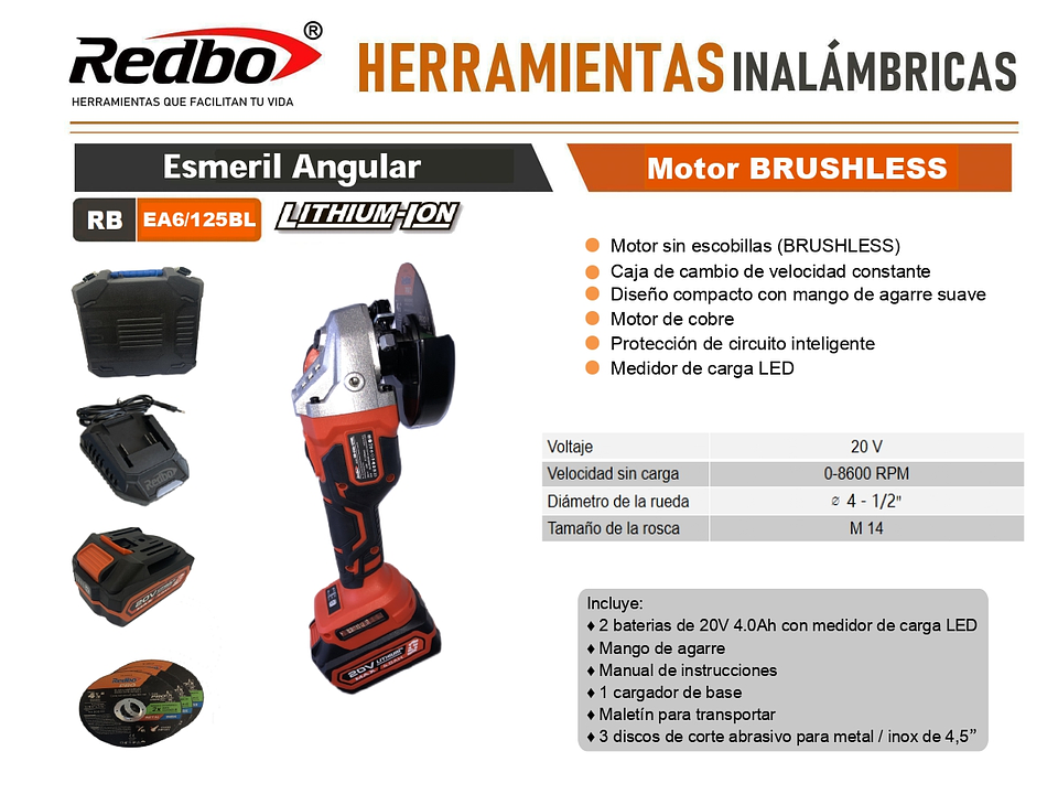 Esmeril Angular Inalámbrico Redbo 20V Brushless (RB-EA6/125BL) 4.5