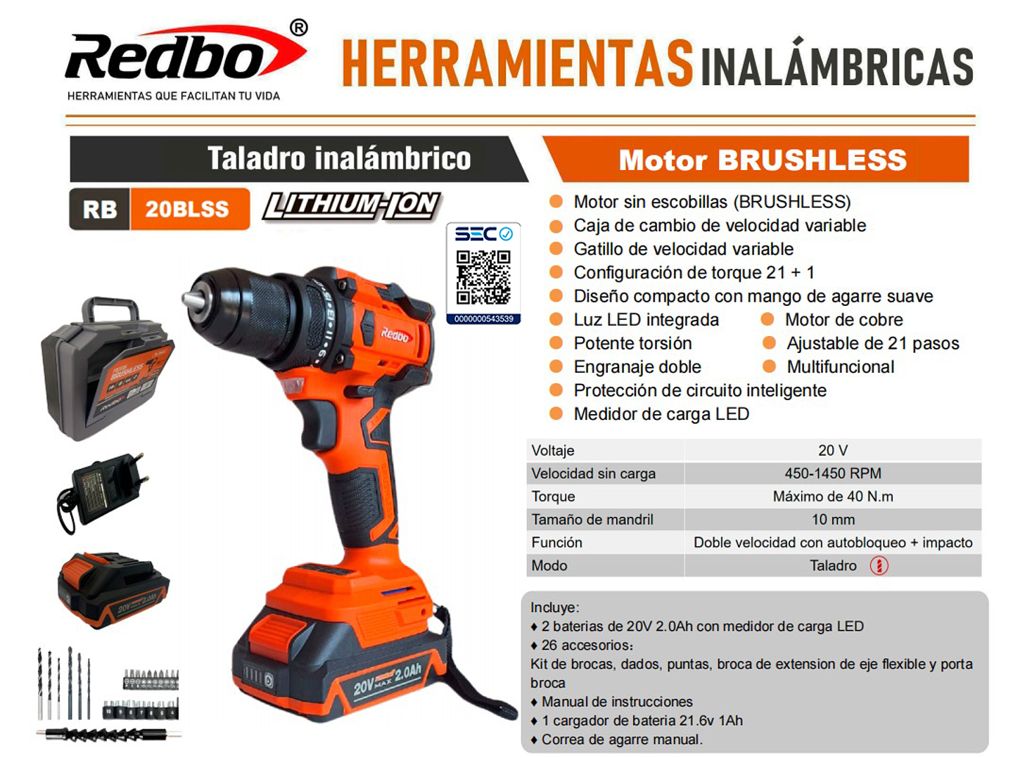 Taladro atornillador Inalámbrico BRUSHLESS 20V 10 mm 3