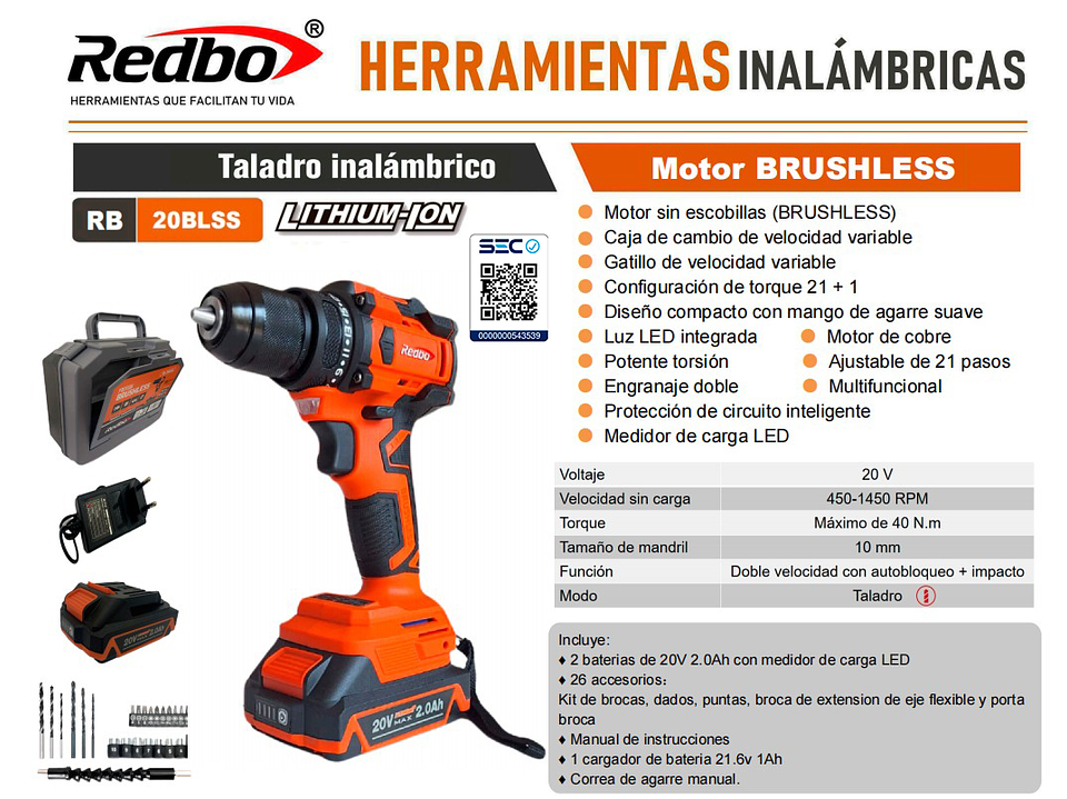 Taladro atornillador Inalámbrico BRUSHLESS 20V 10 mm 3