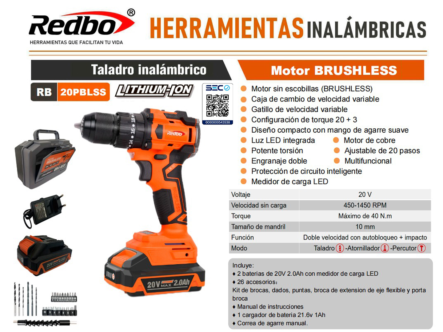 Taladro Percutor Inalámbrico BRUSHLESS 20V 10 mm 3