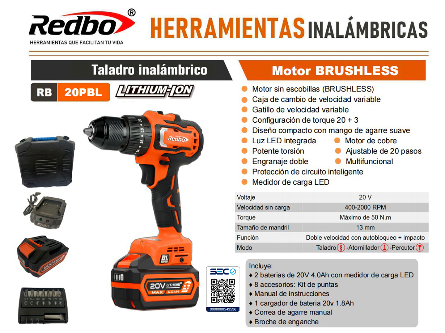 Taladro Percutor Inalámbrico Redbo 20V Brushless (RB-20PBL) Mandril 13mm + 2 Baterías 4.0Ah 4