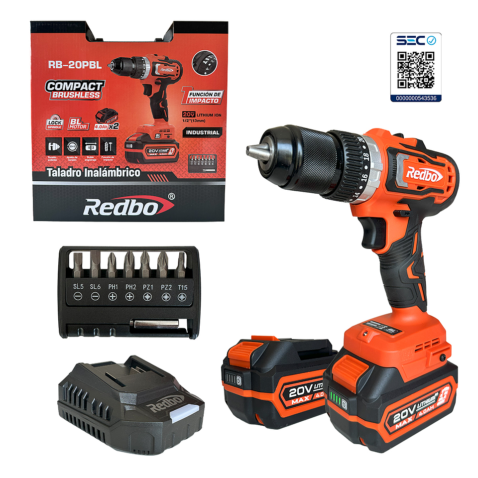 Taladro Percutor Inalámbrico Redbo 20V Brushless (RB-20PBL) Mandril 13mm + 2 Baterías 4.0Ah 1