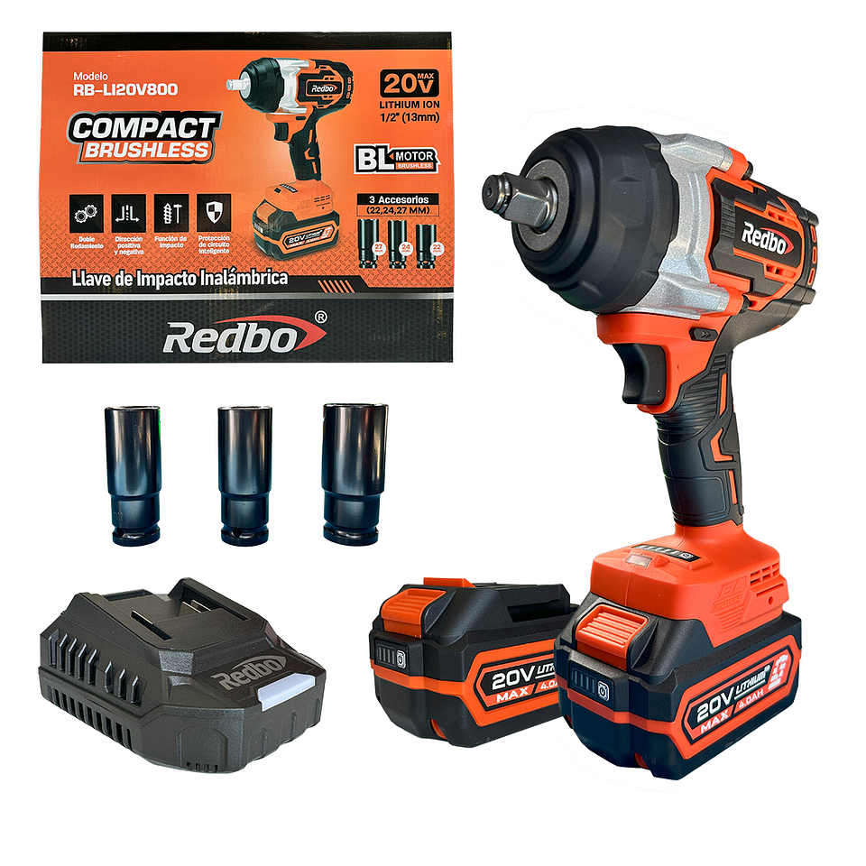 Llave de Impacto Inalámbrica Redbo 20V Brushless (RB-LI20V800) 800 N.m 1/2
