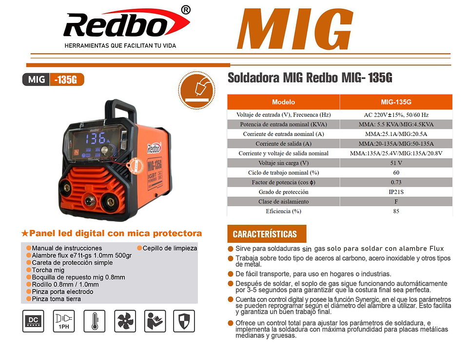 Soldadora Inverter Multiproceso Redbo MIG-135G (135A, 3 en 1: MIG Sin Gas / MMA / LIFT TIG) 4