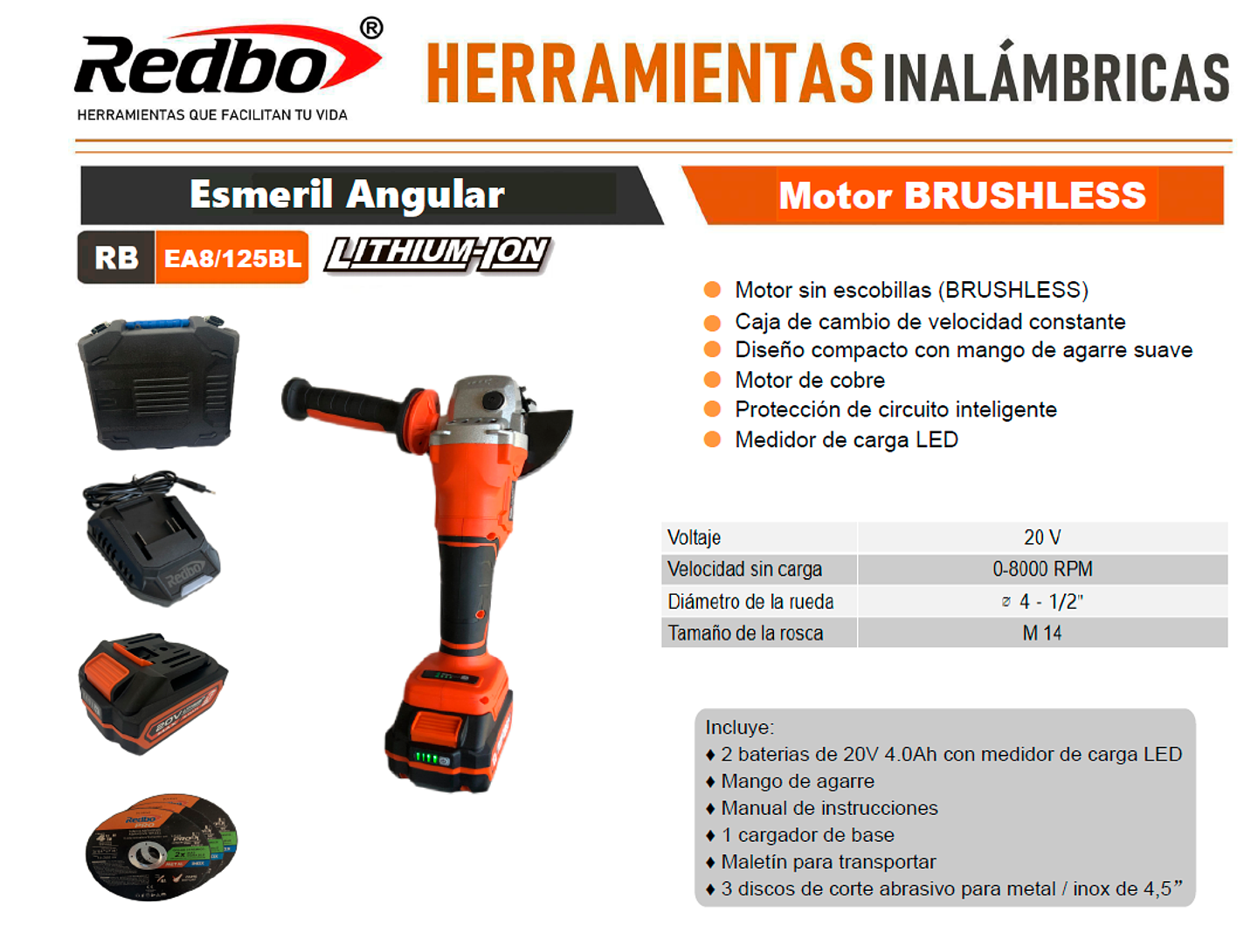 Esmeril Angular Inalámbrico Redbo 20V Brushless (RB-EA8/125BL) 4.5