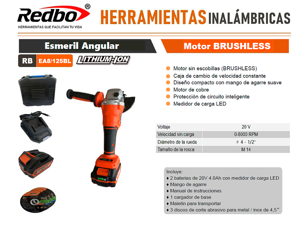 Esmeril Angular Inalámbrico Redbo 20V Brushless (RB-EA8/125BL) 4.5