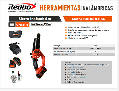 Mini Sierra Inalámbrica Brushless Redbo RB-ONS21/8 BL (20V, 8 Pulgadas, 2 Baterías + Maletín Pro)