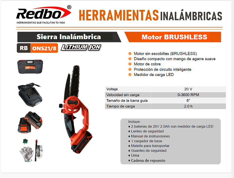 Mini Sierra Inalámbrica Brushless Redbo RB-ONS21/8 BL (20V, 8 Pulgadas, 2 Baterías + Maletín Pro) 1