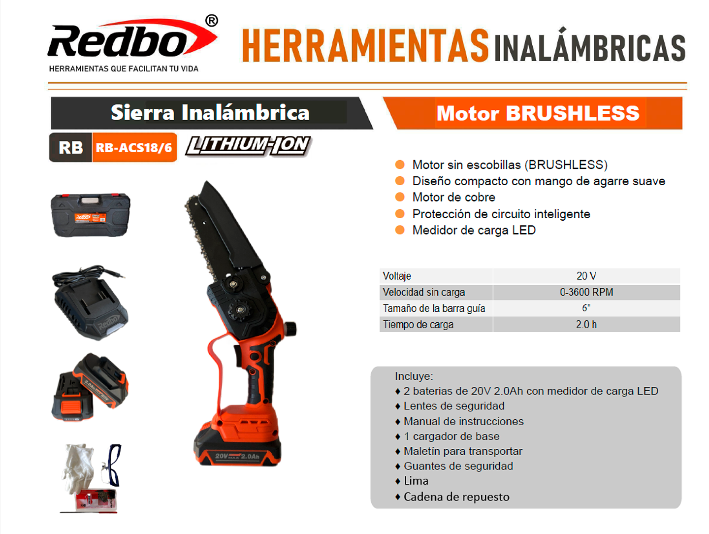 Mini Sierra Inalámbrica Brushless Redbo RB-ACS18/6 (20V, 6 Pulgadas, 2 Baterías + Maletín) 2
