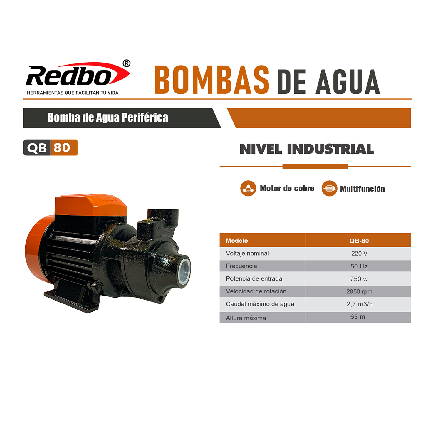 Bomba de Agua Periférica Redbo QB-80 (1.0 HP, 750W, Altura Máxima 63m) 5