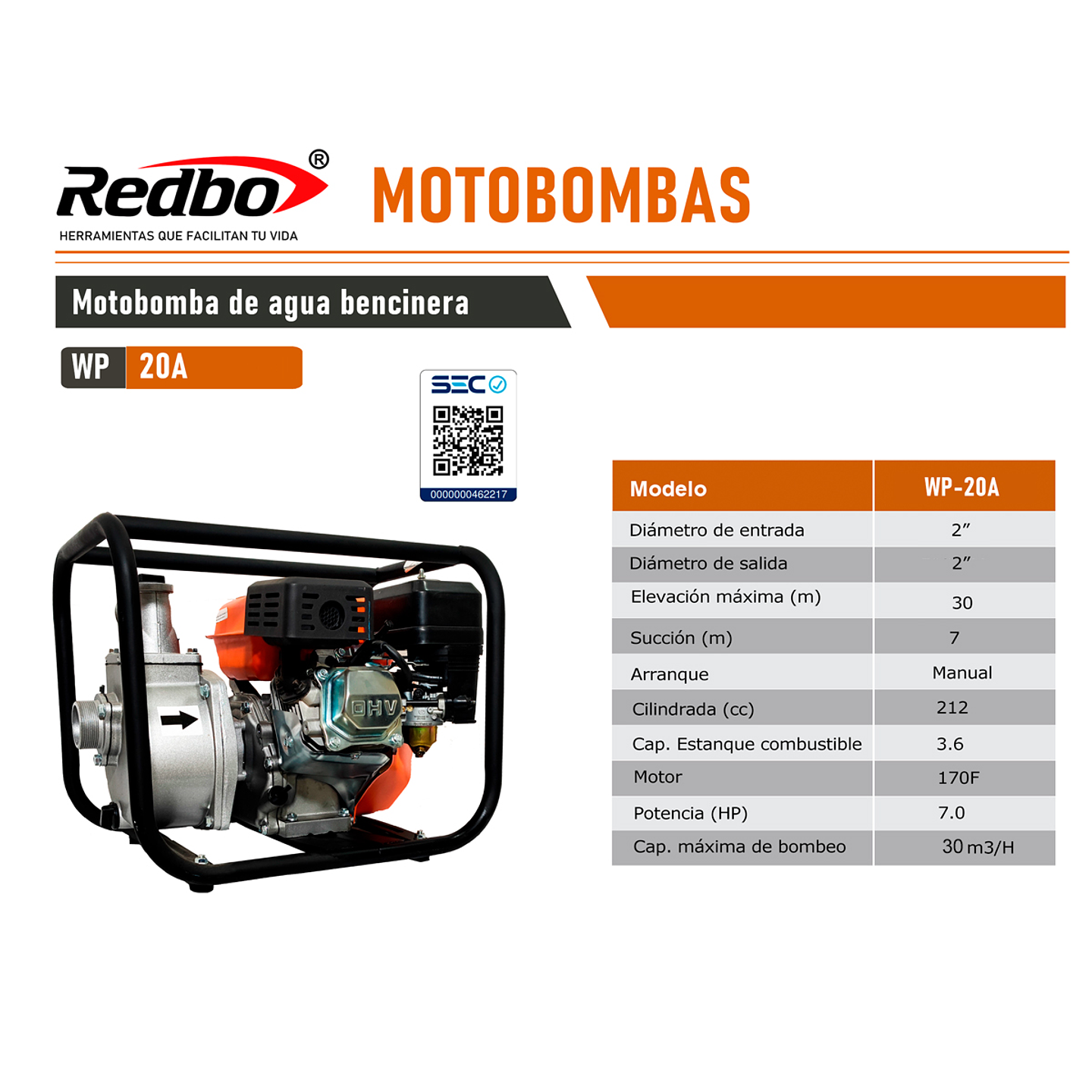 Motobomba de Agua Bencinera Redbo WP-20 (2