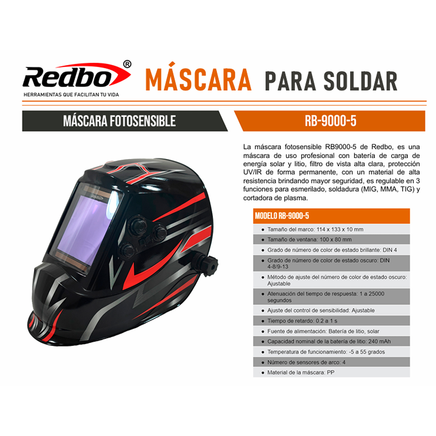Máscara de Soldar Fotosensible Redbo RB-9000-5 