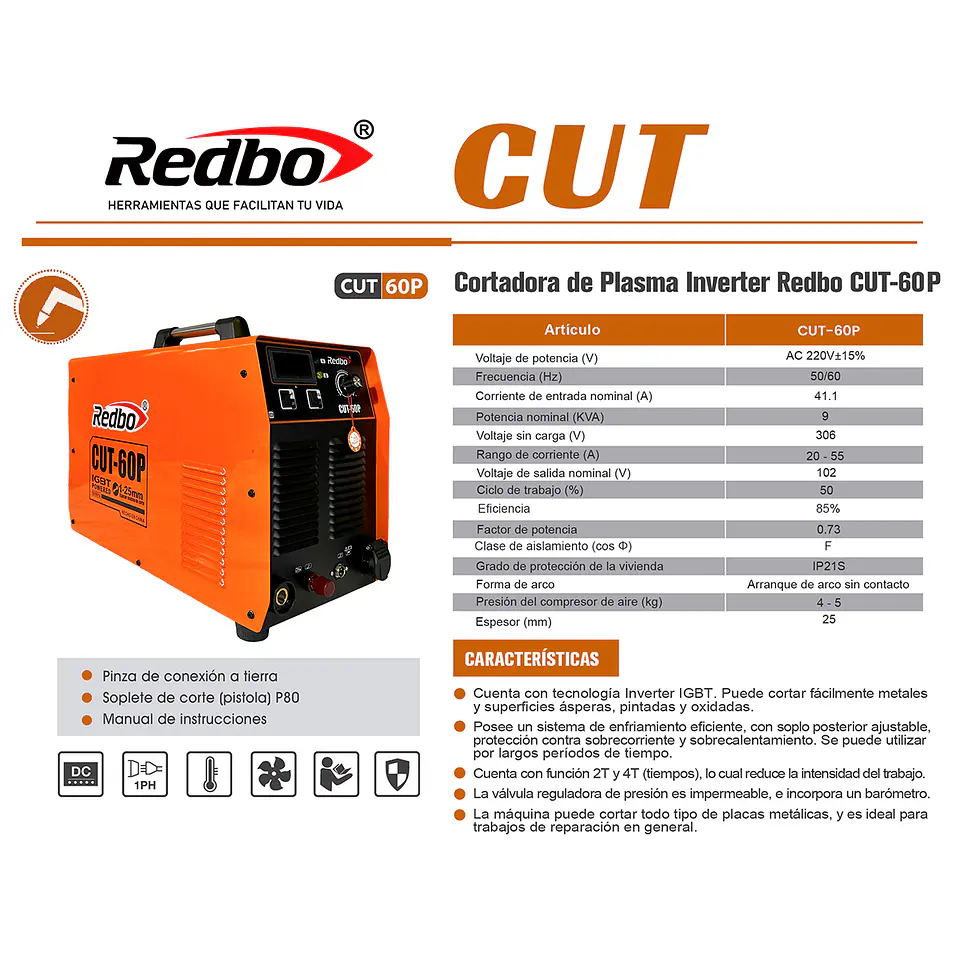 Cortadora de Plasma Inverter Redbo CUT-60P (9 KVA, 1-25mm, Bomba de Aire Integrada) 5