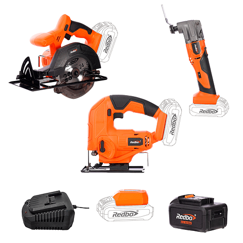 Pack carpintero sierra caladora+ sierra circular + herramienta multipropósito + cargador base y batería de 3.0 Ah