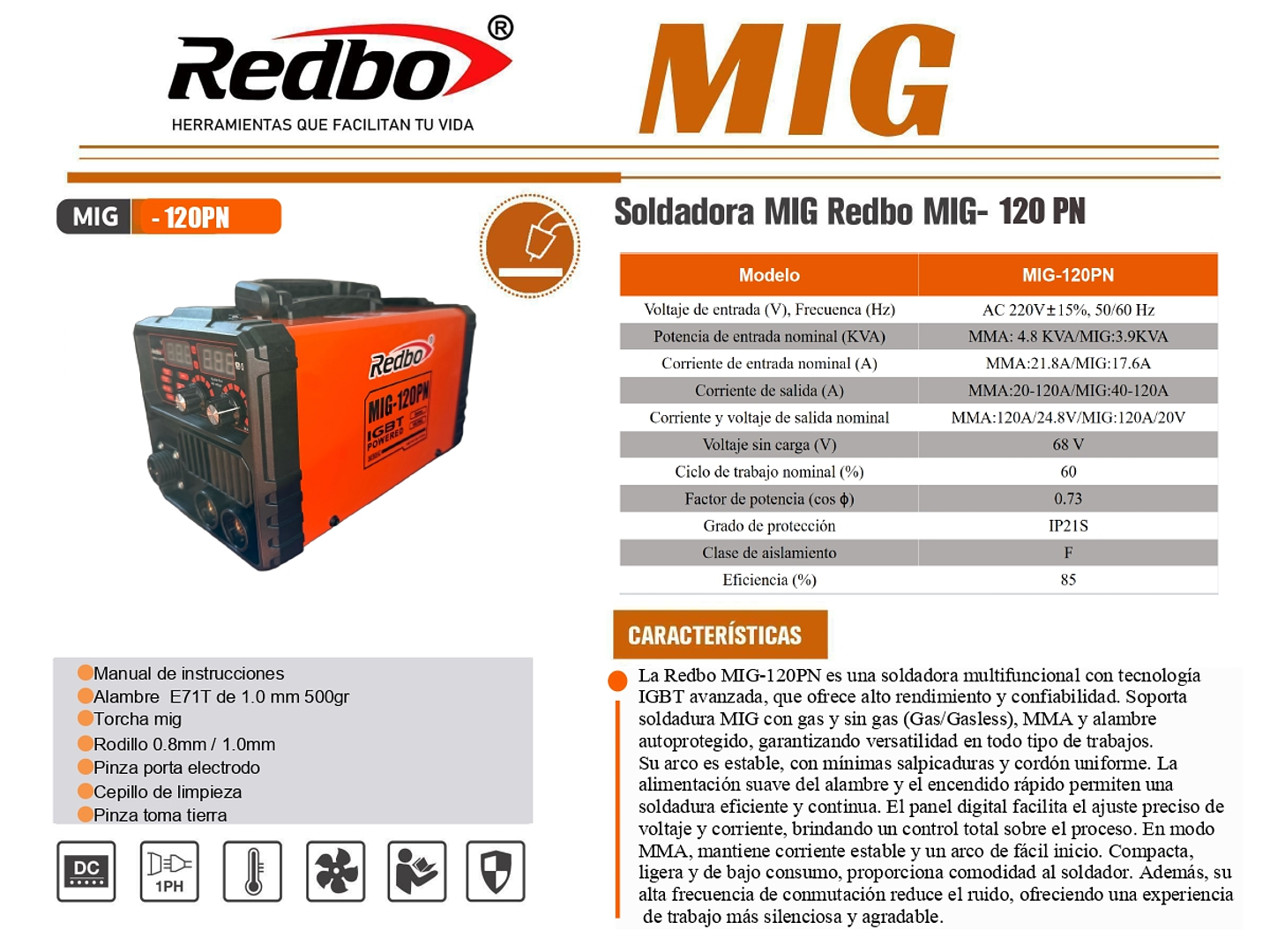 Soldadora Inverter Multiproceso Redbo MIG-120PN (120A, 2 en 1: MIG Con/Sin Gas y Arco Manual) 2