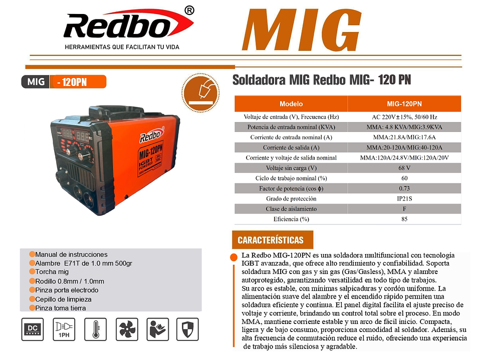 Soldadora Inverter Multiproceso Redbo MIG-120PN (120A, 2 en 1: MIG Con/Sin Gas y Arco Manual) 2