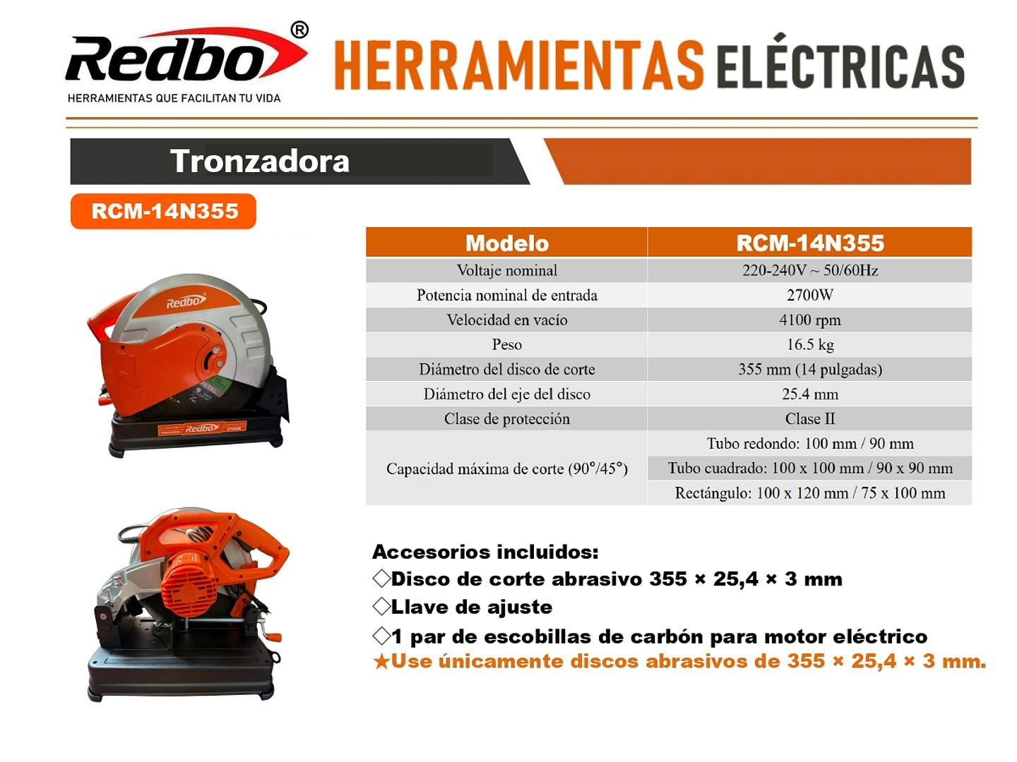 Tronzadora de Metales Redbo RCM-14N355 (2700W, 14 Pulgadas, Capacidad 100mm) 4